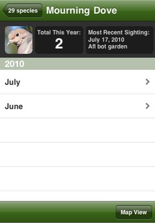Details of species you've seen in the Birdcountr iPhone app