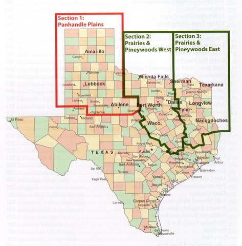 Region covered by Birding Trails: Texas: Panhandle and Prairies & Pineywoods