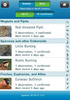 BirdsEye Notable Sightings and Rare Birds screen