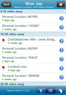 BirdsEye Bird Location List View screen