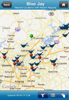 BirdsEye Bird Location Map View screen