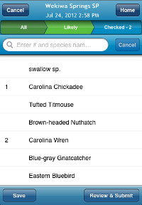 Species list from the BirdsEye BirdLog iPhone app
