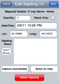 Species entry screen from the Birdwatcher's Diary iPhone app