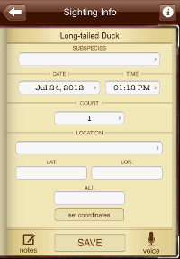 Species entry screen from the Lifebirds Journal iPhone app