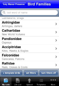 Family list from the My Bird Observations iPhone app