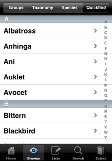 Quickfind index from Peterson Birds of North America iPhone app