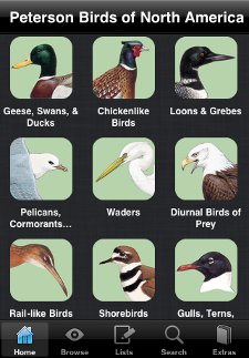 Main screen from the Peterson Birds of North America iPhone app