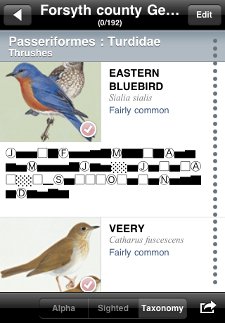 eBird list from Peterson Birds of North America iPhone app