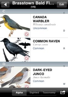 List from Peterson Birds of North America iPhone app