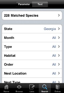 Species search screen from Peterson Birds of North America iPhone app