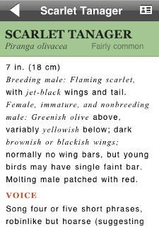 Scarlet Tanager text from Peterson Birds of North America iPhone app