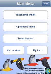 Main menu from the The Sibley eGuide iPhone app