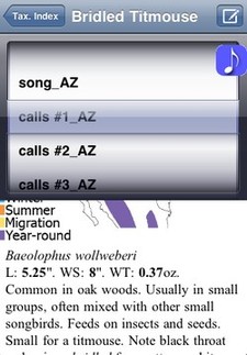 Sound menu from the Sibley eGuide iPhone app