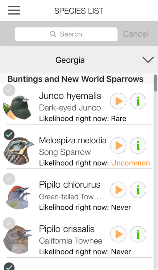 Song Sleuth species list