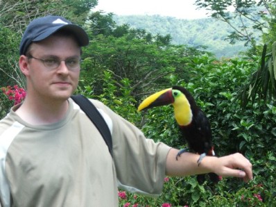 The author with a Chestnut-mandibled Toucan.